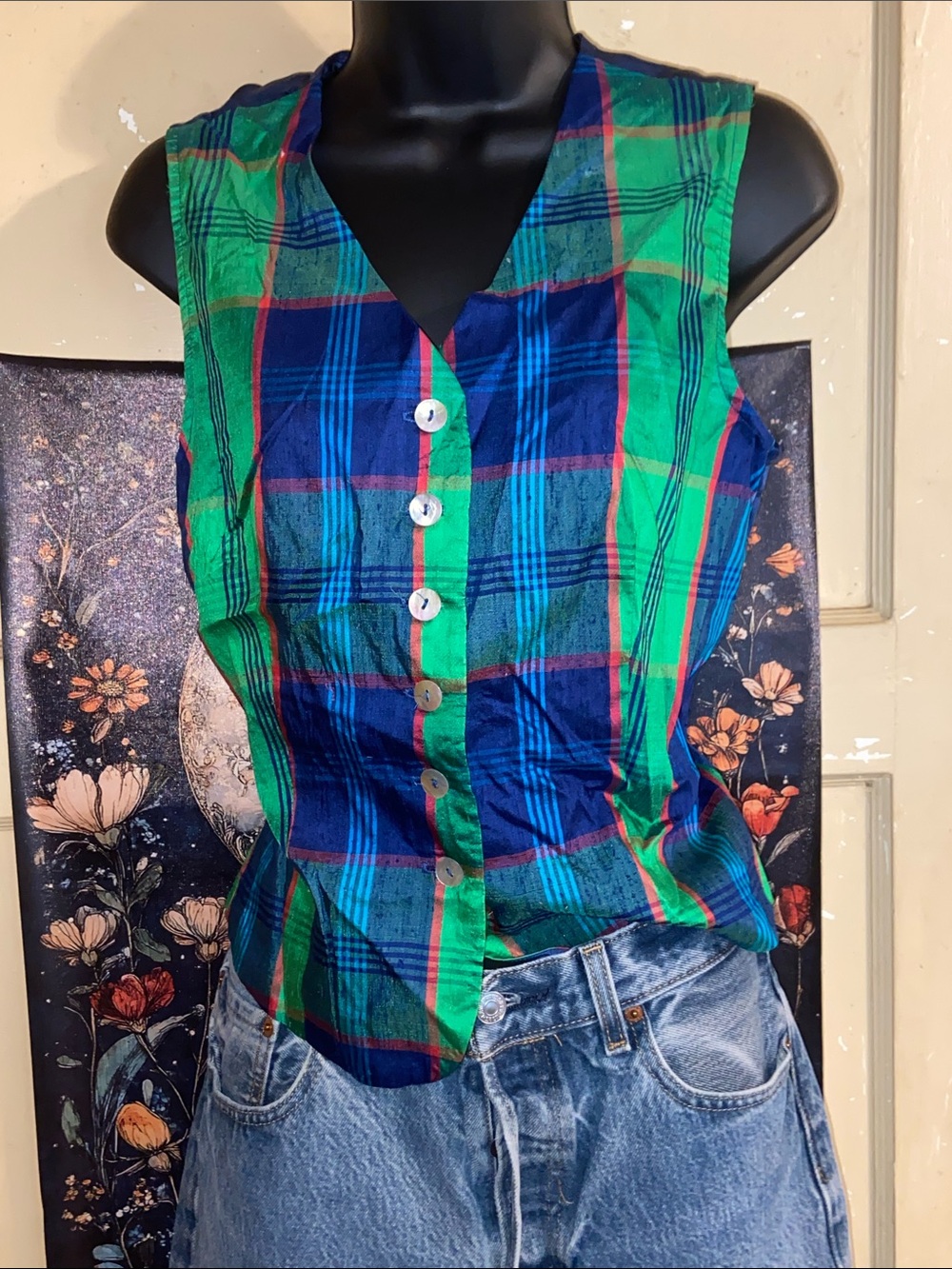 VTG GREEN/BLUE SILK VEST PLAID Worthington AMAZING!